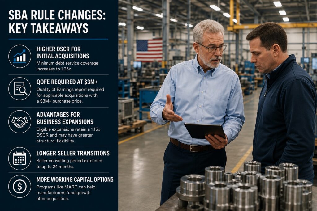 Key SBA SOP 50 10 8.1 changes for manufacturing acquisitions including DSCR, QofE, business expansions and seller transitions